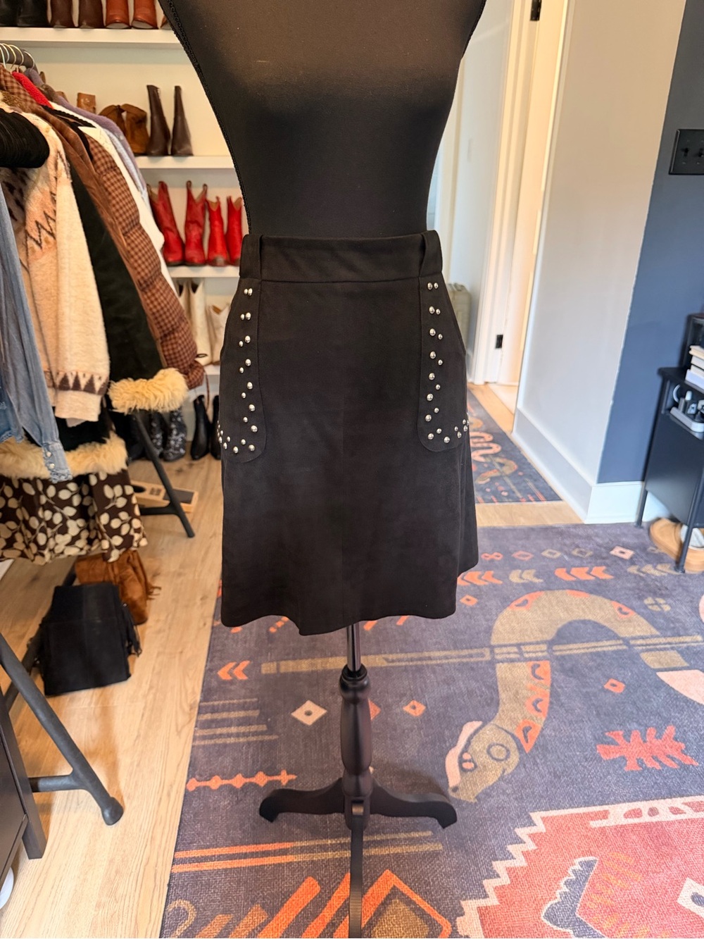 BB Dakota Black Suede A-Line Skirt with Stud Pockets